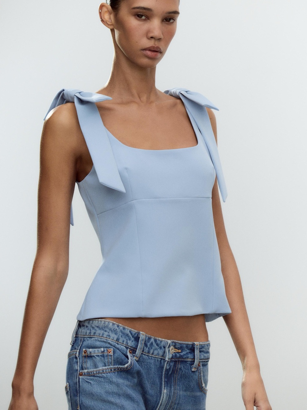 Zara Powder Blue Tie-Shoulder Square-Neck Camisole